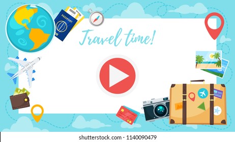 Vector cartoon style video and photo frame background for editing. Travel and tourism background with trip symbols.
