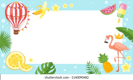 Vector Cartoon Style Video And Photo Frame Background For Editing. Summer Season And Vacation Theme.