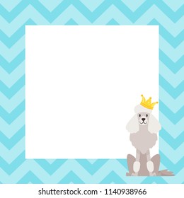 Vector cartoon style video and photo frame background for editing. Cute dog - poodle with golden crown.