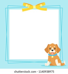 Vector cartoon style video and photo frame background for editing. Cute puppy on the border with yellow bow.