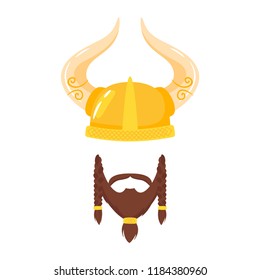Vector cartoon style viking in horned helmet with beard face element or carnival mask. Decoration item for your selfie photo and video chat filter. Isolated on white background. 