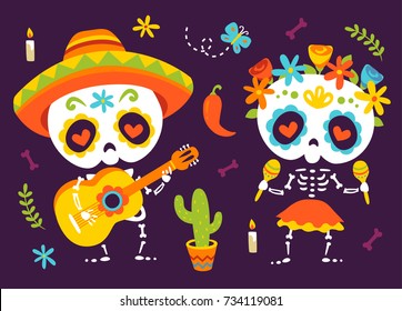 vector cartoon style violet day of dead  Día de Muertos set