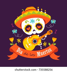 vector cartoon style violet day of dead dia de los muertos musician violet greeting card