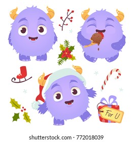 vector cartoon style violet yeti illustration set