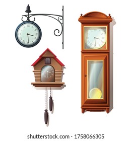 Vector cartoon style watch collection, wall watch, floor. Isolated on white background.