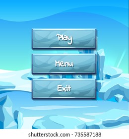 Vector cartoon style wavy buttons with text for game design on ice landscape background illustration