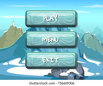 Vector cartoon style wavy buttons with text for game design on mountain background illustration