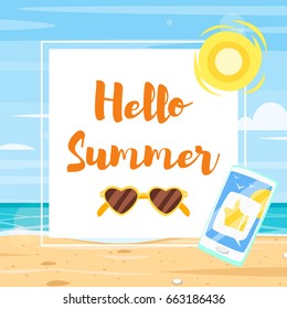 Vector cartoon style web banner template design white square for text and colorful beach elements around. 