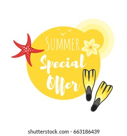 Vector cartoon style web banner template design with yellow circle for text and colorful beach elements around. 