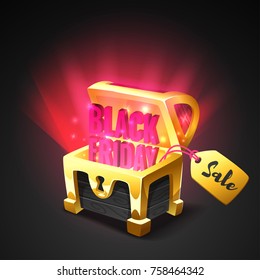 Vector cartoon style web black friday banner template design with open golden chest in video game frame and gold sale tag inside