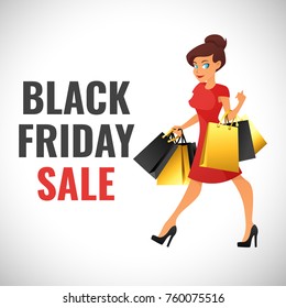 Vector cartoon style web black friday banner template design with cute shopping girl 