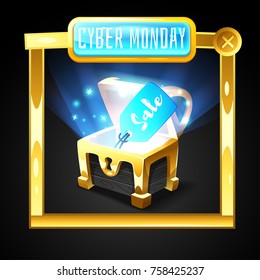 Vector cartoon style web cyber monday banner template design with open golden chest in video game frame and blue sale tag inside