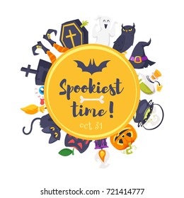 Vector cartoon style web Halloween banner template design with colorful holiday symbols around. 