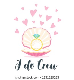 Vector cartoon style Wedding card template: open seashell with engagement ring. Design for romantic proposal with pink hearts at the background. I do crew text.