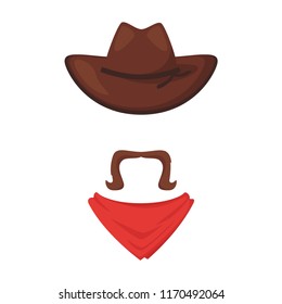 Vector cartoon style Wild West cowboy face element or carnival mask. Decoration item for your selfie photo and video chat filter. American symbols. Isolated on white background. 