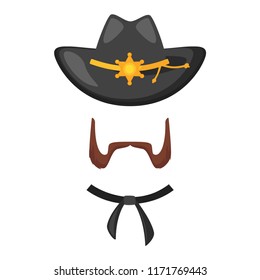 Vector cartoon style Wild West Black Sheriff face element or carnival mask. Decoration item for your selfie photo and video chat filter. American symbols. Isolated on white background. 