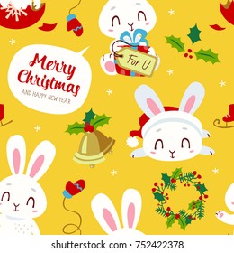 vector cartoon style winter christmas hew year white bunny blue seamless pattern