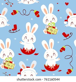 vector cartoon style winter christmas hew year white bunny blue seamless pattern