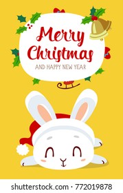 vector cartoon style winter christmas hew year white laying bunny yellow greeting card