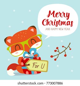 vector cartoon style winter christmas hew year red fox greeting card