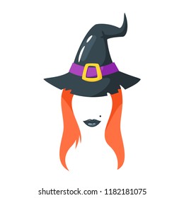 Vector cartoon style witch face element or carnival mask. Halloween decoration item for your selfie photo and video chat filter. Wizard hat, hair and lips. Isolated on white background. 