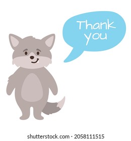 Vector cartoon style wolf with speech bubble. Thank you text. Isolated on white background. 