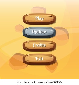 Vector cartoon style wooden enabled and disabled buttons with text for game design on texture background illustration