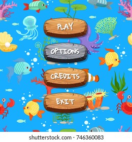 Vector cartoon style wooden enabled and disabled buttons with text for game design on sealife texture background. Illustration of wood gui play menu