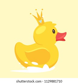 Vector cartoon style yellow rubber duck with golden princes crown with heart inside.