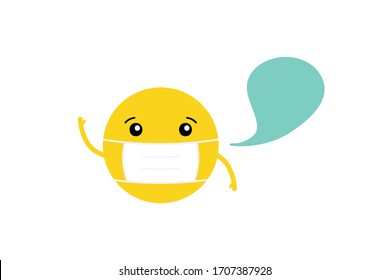 Bolas sonrientes amarillas tipo vectorial en la cara médica enmascaran al personaje con burbujas de habla, hablando, dando consejos o información. 