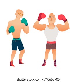 vector cartoon stylized brutal thin man bare torso in boxing stand in box gloves ready to fight, another muscular handsome boy raising hands like winner in tank top set. Isolated illustration