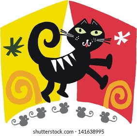 Vector cartoon of stylized cat chasing mice.