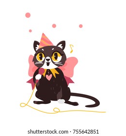 vector cartoon stylized cheerful black cat character singing in microphone wearing party hat and big bow happily smiling. isolated illustration on a white background. Animals party concept