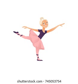 vector cartoon stylized cute young teen girl dancing in ballet clothing. Female woman ballerina in purple, pink dress on pointe shoes in pose smiling. Isolated illustration on a white background.