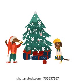 vector cartoon stylized humanized dachshund dog characters near decorated christmas tree with presents. Animal in christmas hat elf fancy costume, another sitting in cap. Isolated illustration