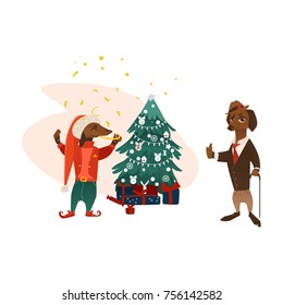 vector cartoon stylized humanized dachshund dog characters near decorated christmas tree with presents. Animal in christmas hat elf costume, another in suit standing with cane. Isolated illustration