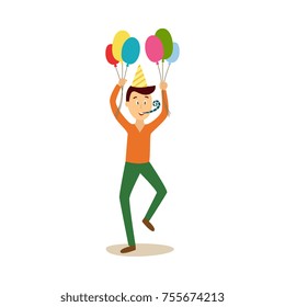 vector cartoon stylized man in party hat whistling holding colored air balloons in casual clothing dancing. Birthday holiday concept. Isolated illustration white background.