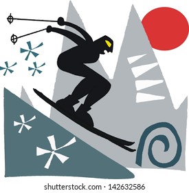 Vector cartoon of stylized skier on mountain