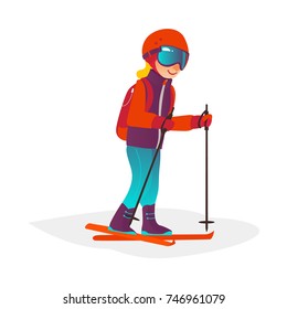 Vector Cartoon Stylized Teen Boy Kid Having Fun Skiing In Winter Outdoor Clothing, Protective Goggles And Backpack. Isolated Illustration On A White Background.