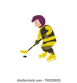 vector cartoon stylized teen boy kid playing ice hockey standing in protective striped yellow clothing, helmet ice skating with hockey stick. Isolated illustration on a white background.