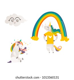 Vector cartoon stylized unicorn character standing in tshirt , rainbow, cloud with face emotions, unicorn sitting with magic wand. Fairy mysterious creature, isolated illustration white background