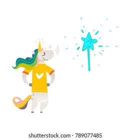 Vector cartoon stylized unicorn character standing in yellow tshirt with heart print colorful hair and horn, magic wand with star. Fairy mysterious creature, isolated illustration white background