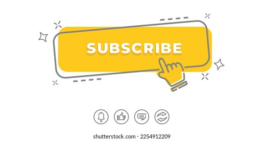 Vector cartoon subscription button, notification, like, comment and share icon in yellow filled comic style isolated on white background. Illustration of subscription sign pictogram. For social media 