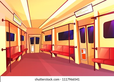 Vector cartoon subway train empty carriage inside interior with passenger seats, handrails doors and windows. Underground transportation background template, urban metro transport indoor design