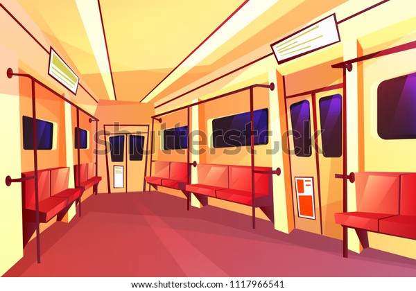 Vector cartoon subway train empty carriage inside\
interior with passenger seats, handrails doors and windows.\
Underground transportation background template, urban metro\
transport indoor design