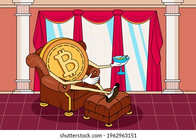 Vector cartoon successful bitcoin memes illustration. Doodle meme image of rich and rising bitcoin drinking martini in armchair amid luxury and wealth. Bitcoin climbs illustration for web posting.