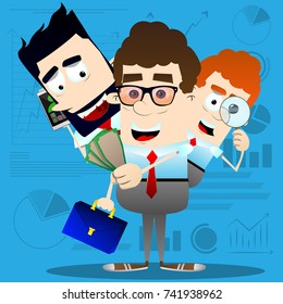 Vector cartoon successful multitasking business office worker character illustration.