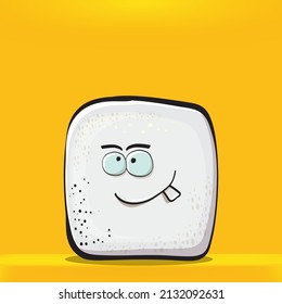 Personajes de caricatura de azucar con dibujos vectoriales aislados de fondo naranja. el personaje del cubo de azúcar dulce funky con los ojos y la boca. personaje de comida divertida