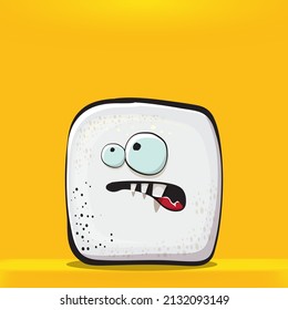 Personajes de caricatura de azucar con dibujos vectoriales aislados de fondo naranja. el personaje del cubo de azúcar dulce funky con los ojos y la boca. personaje de comida divertida
