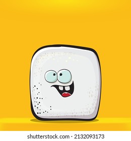 Cartoon-Cartoon-Zeichentrickfiguren, einzeln auf orangefarbenem Hintergrund. Funky süße Zucker Würfel Charakter mit Augen und Mund. Funker Essenscharakter